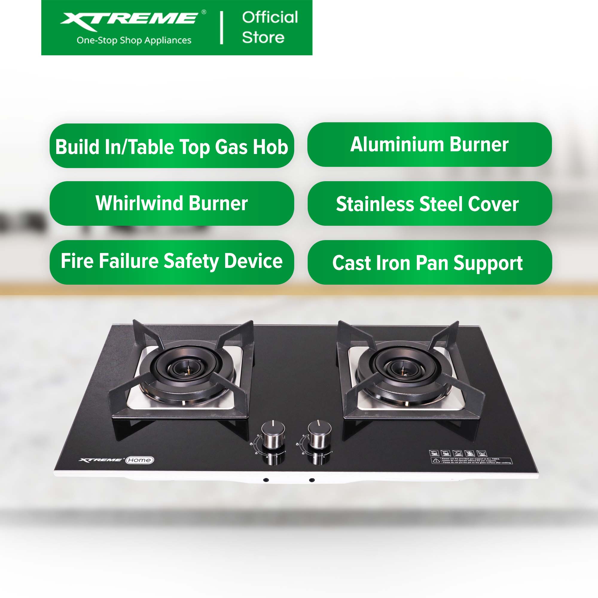 XTREME HOME Double Burner Tempered Glass Gas Hob with Battery Ignition and FFD (Black) | XH-GH-TG2BHS