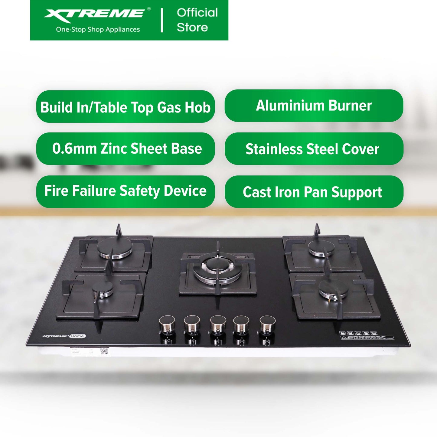 XTREME HOME 5 Burner Tempered Glass Gas Hob with Electric Ignition and FFD (Black) | XH-GH-TG5BH