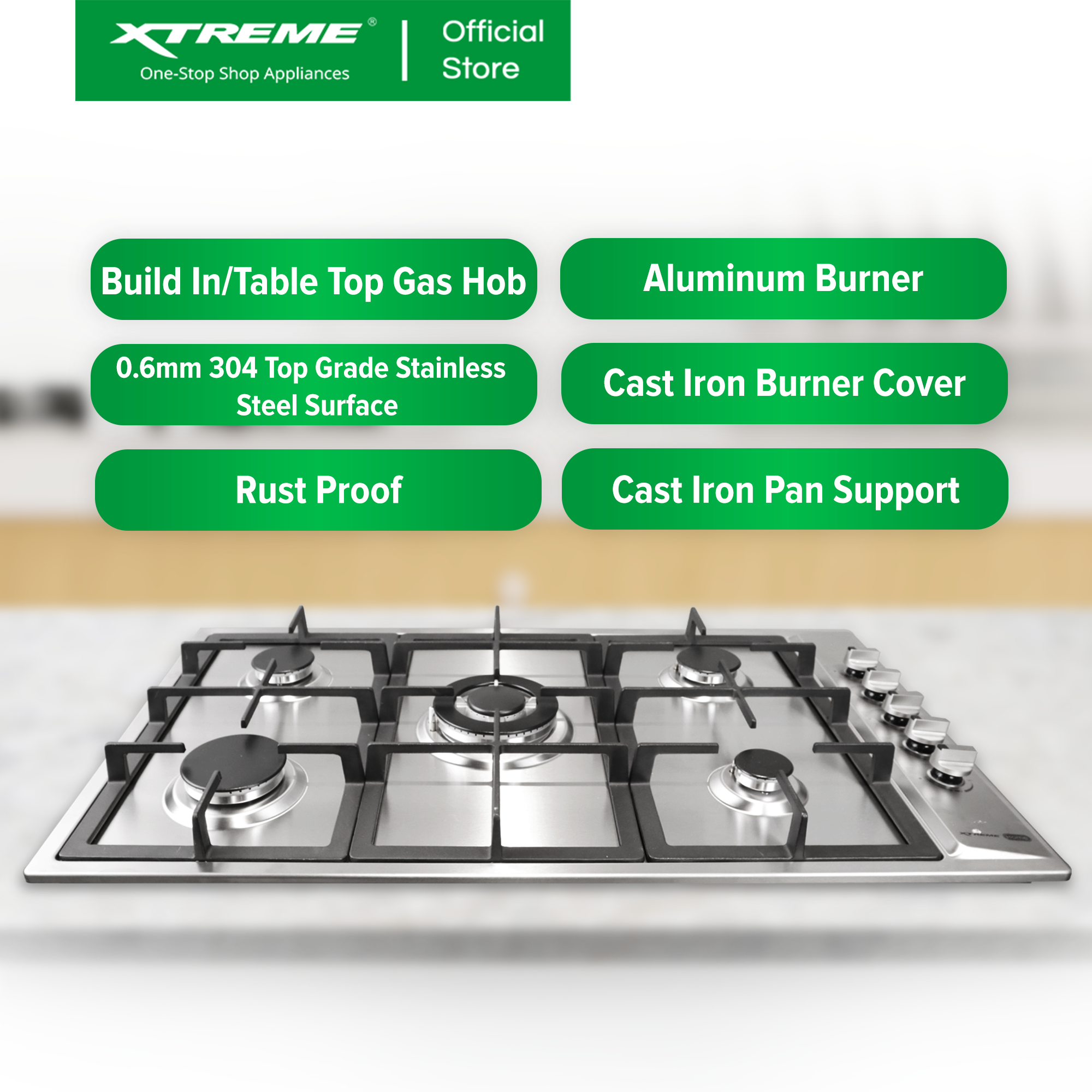 XTREME HOME 5 Burner Stainless Steel Gas Hob w/ Electric Ignition & FFD (Silver) | XH-GH-SS5BVX