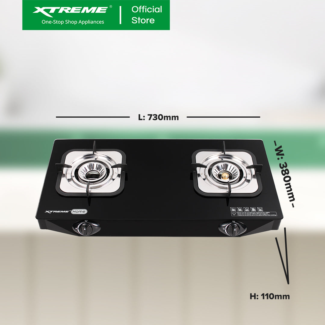 XTREME HOME 2-Burner Tempered Glass Gas Stove | XGS-2BGLASS