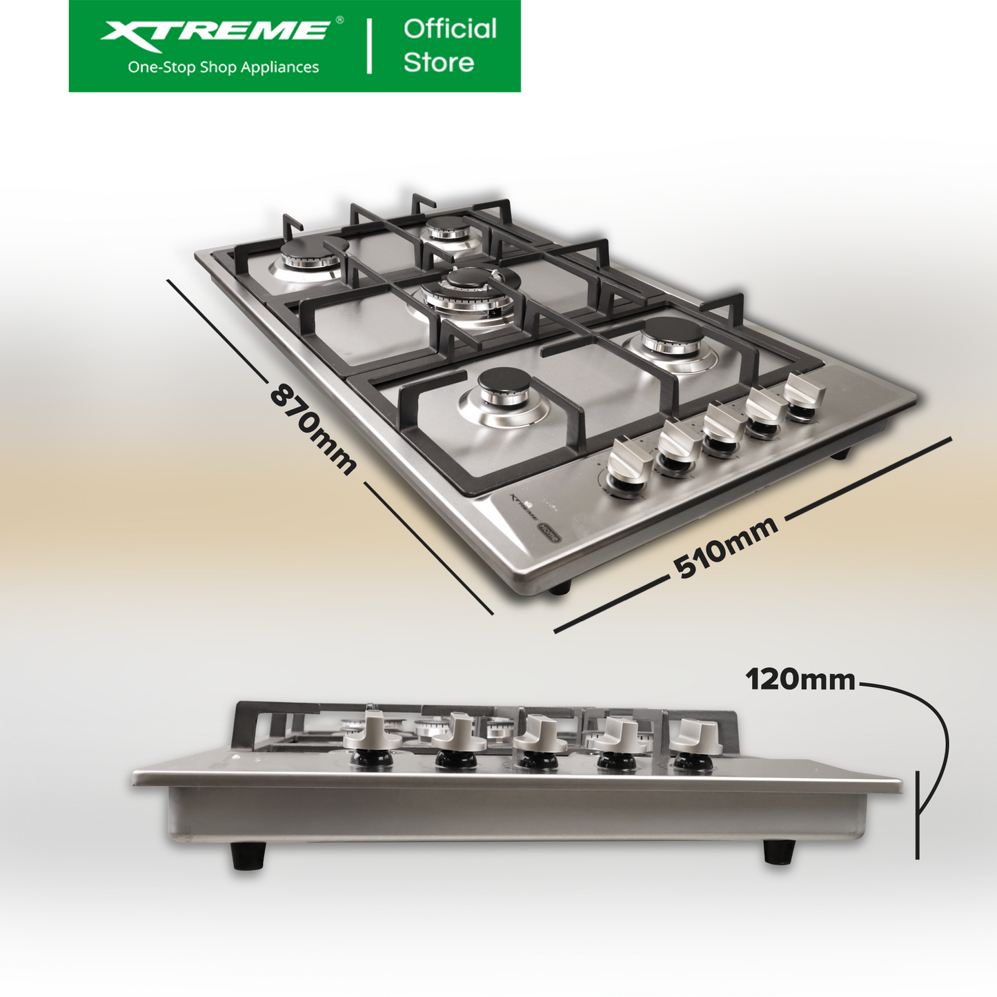XTREME HOME 5 Burner Stainless Steel Gas Hob w/ Electric Ignition & FFD (Silver) | XH-GH-SS5BVX
