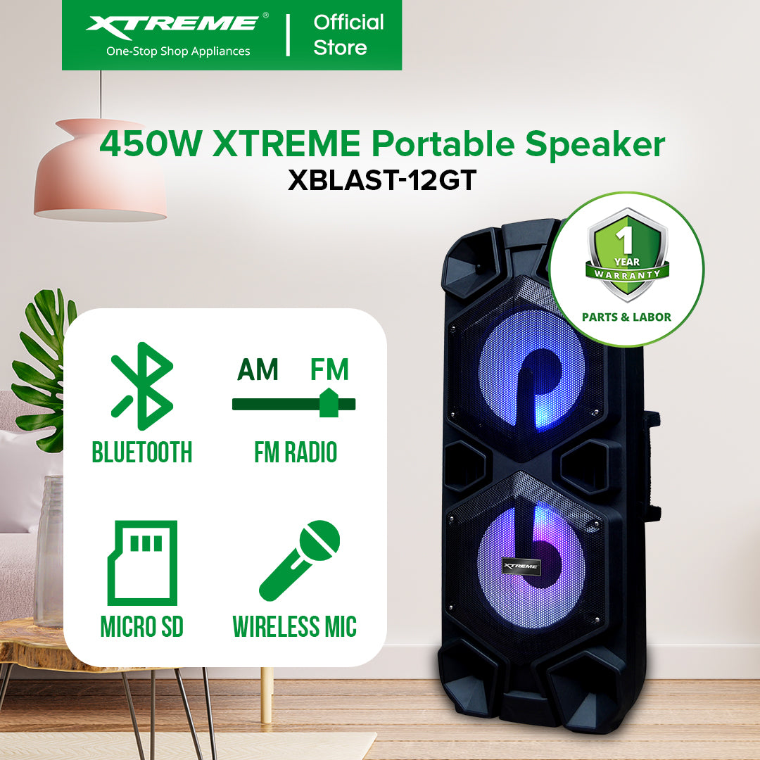 XTREME 450W Portable Speaker System USB Micro SD FM Radio Mic Input Guitar Input  | XBLAST-12GT