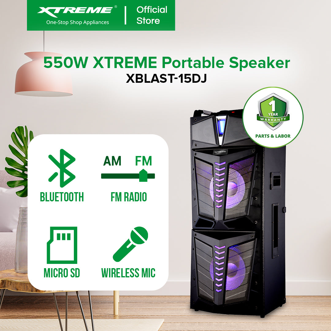 XTREME 550W One Way Portable Speaker System USB Micro SD FM Radio Mic Input | XBLAST-15DJ
