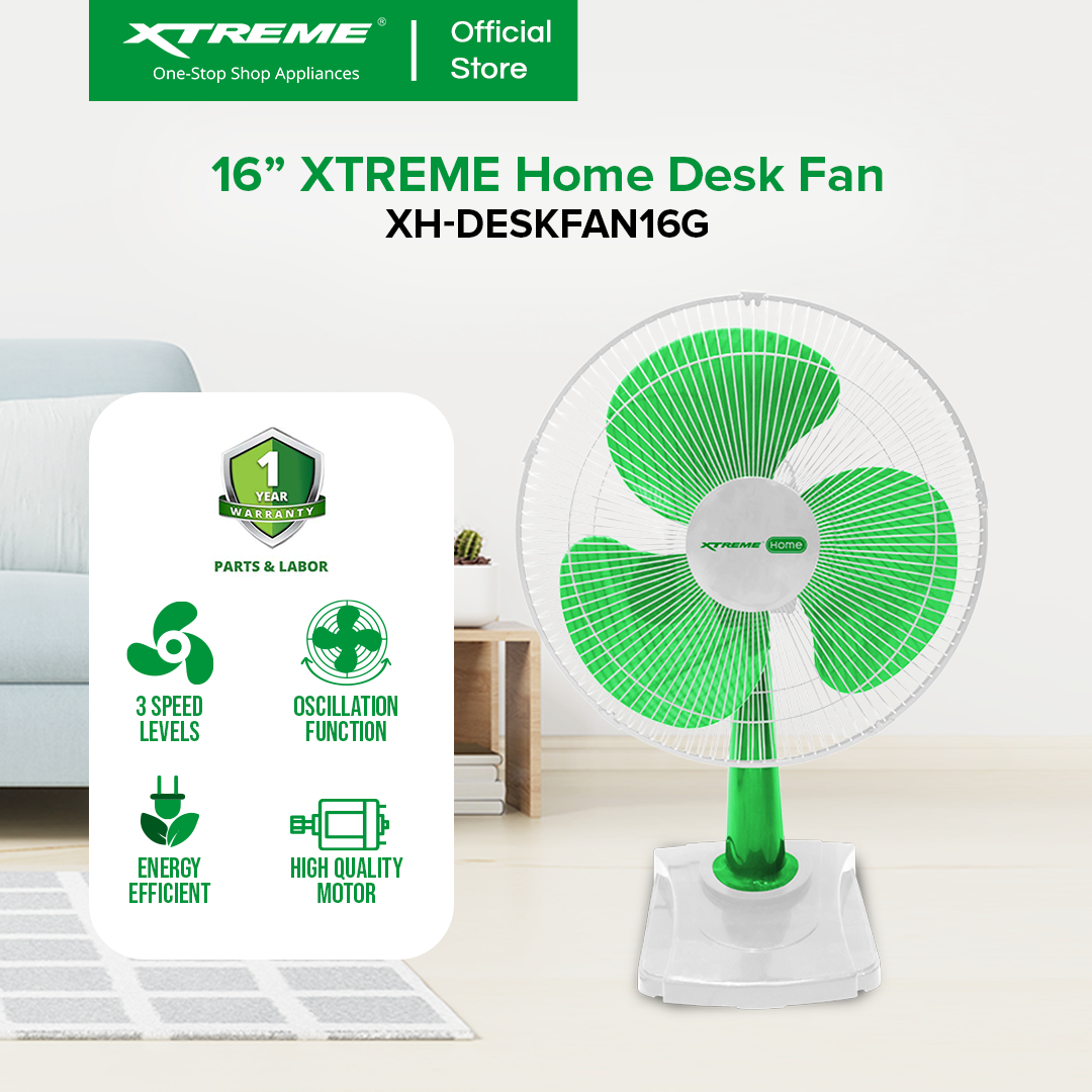 XTREME HOME 16 inches Desk Fan 3-Speed Levels Oscillation Function (Green Blade) | XH-DESKFAN16G