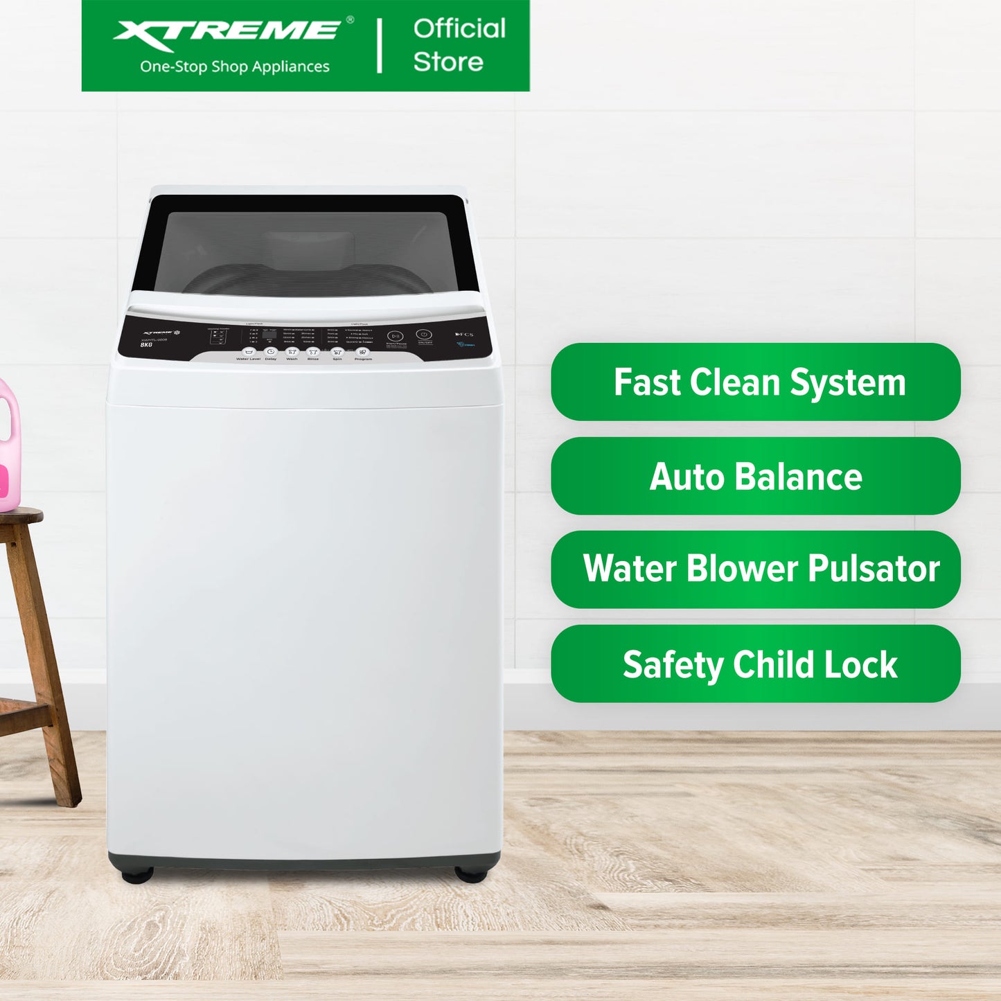 XTREME COOL 8KG Top Load Fully Automatic Washing Machine with Spin Dry (Black Cover) | XWMTL-0008B