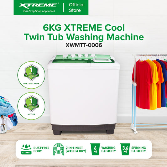 XTREME COOL 6KG Twin Tub Wash and 3.6KG Spin Dry Washing Machine (Green Cover) | XWMTT-0006