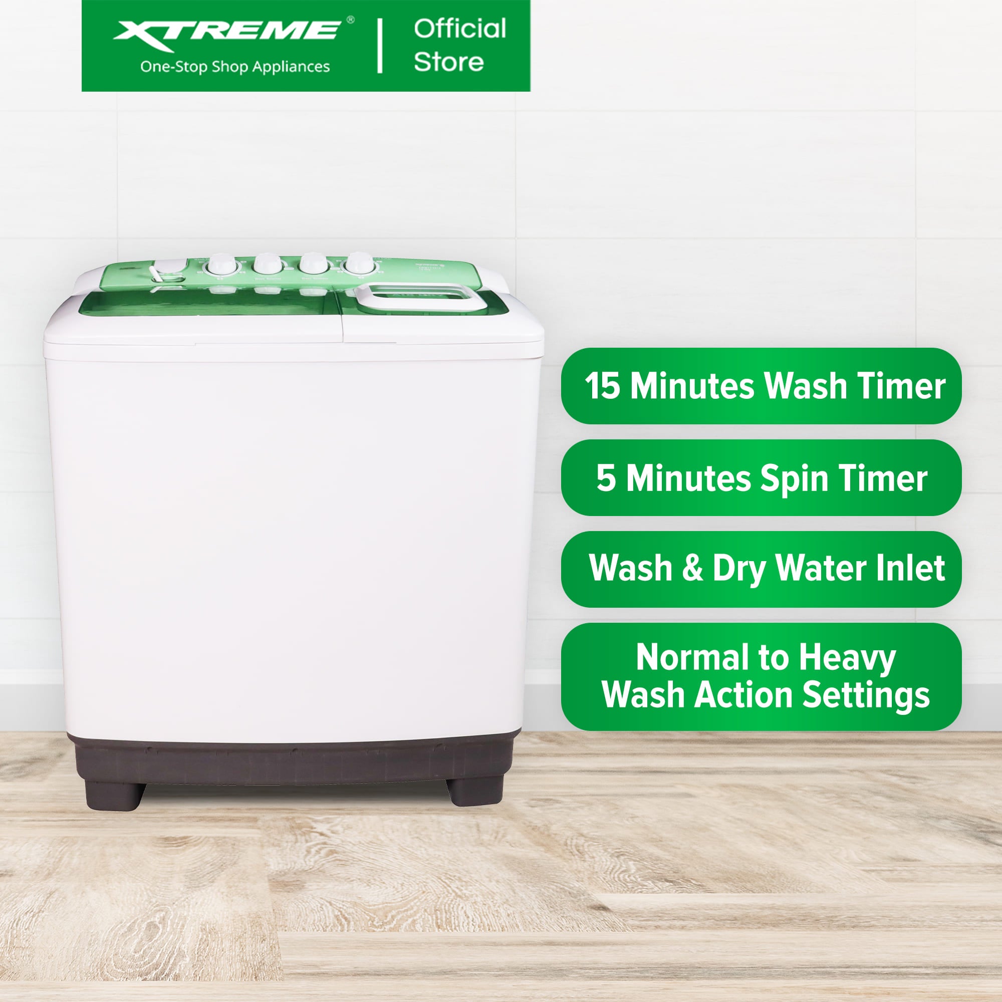 XTREME COOL 6KG Twin Tub Wash and 3.6KG Spin Dry Washing Machine (Green Cover) | XWMTT-0006