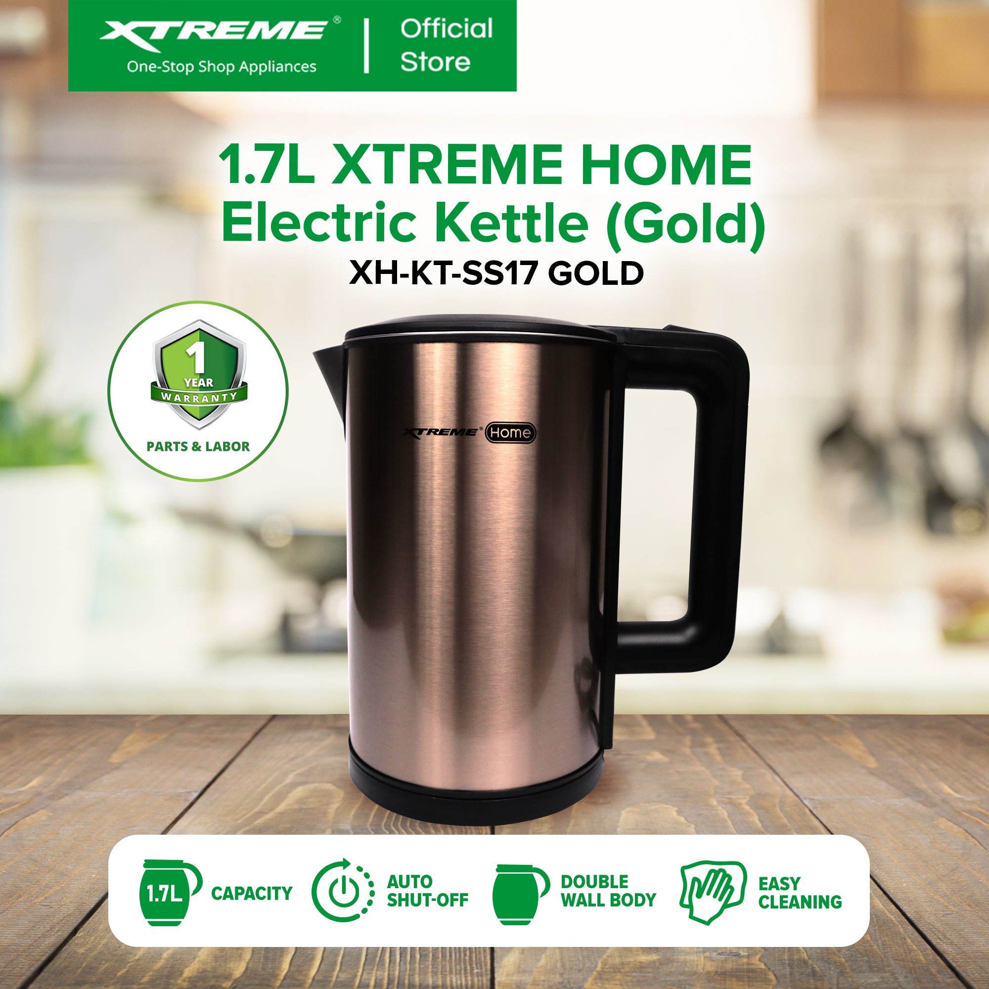 1.7L XTREME HOME Stainless Steel Electric Kettle (Gold) | XH-KT-SS17GOLD
