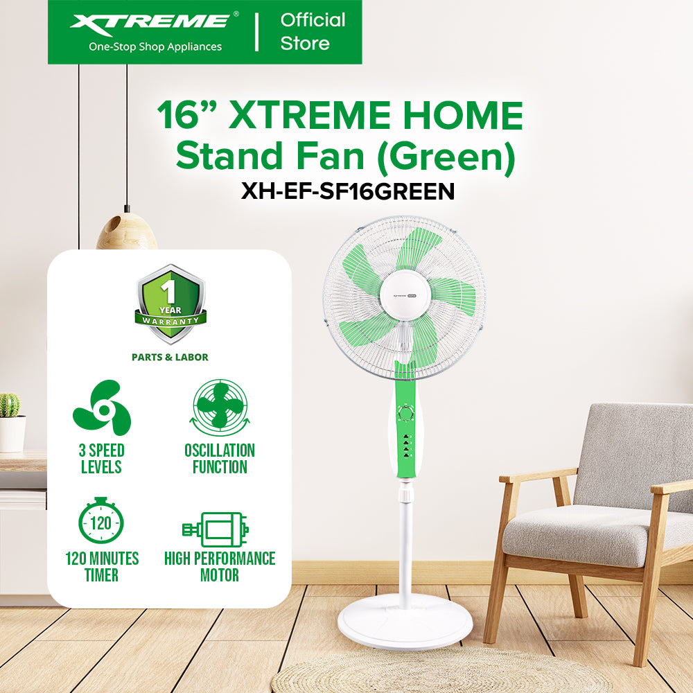 XTREME HOME 16 inches Stand Fan 3-Speed Levels Knife-shape Blade with Timer (Green) | XH-EF-SF16GREEN
