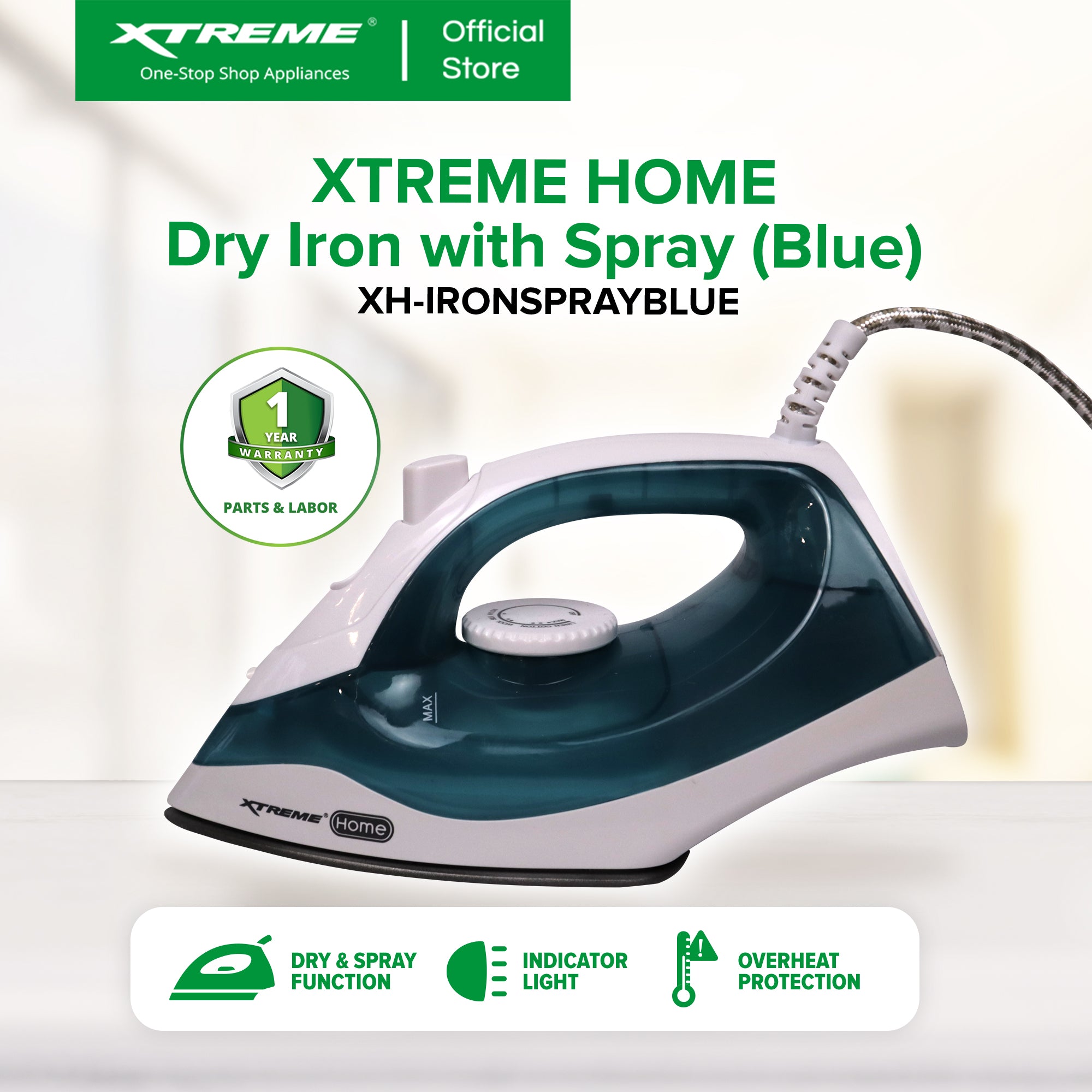 XTREME HOME Dry Iron with Spray Ceramic Soleplate and Indicator Light  (Blue) | XH-IRONSPRAYBLUE
