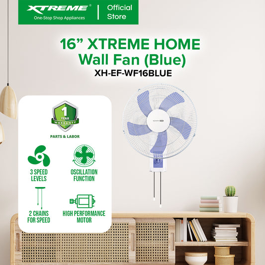 XTREME HOME 16 inches Wall Fan 3-Speed with 2 Chains (Blue Blade) | XH-EF-WF16BLUE