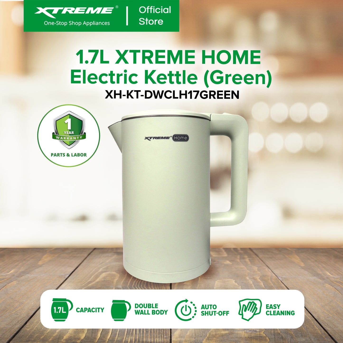 XTREME HOME 1.7L Electric Kettle Seamless Inner Pot w/ Water Indicator (Green) | XH-KT-DWCLH17GREEN