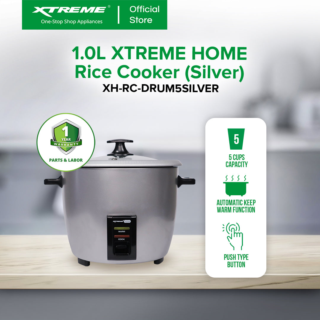 XTREME HOME 1L Rice Cooker 5 Cups with Automatic Keep Warm Function (Silver) | XH-RC-DRUM5SILVER