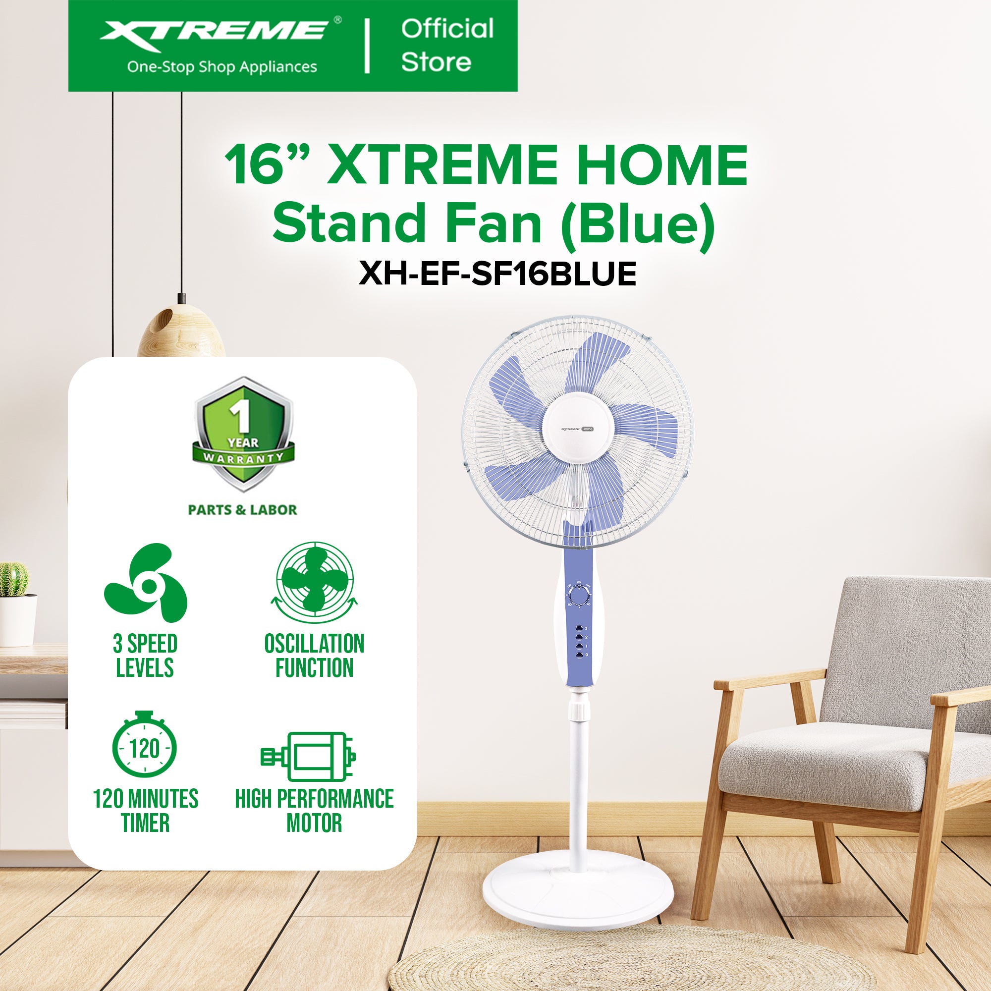 16" XTREME HOME Stand Fan (Blue) | XH-EF-SF16BLUE