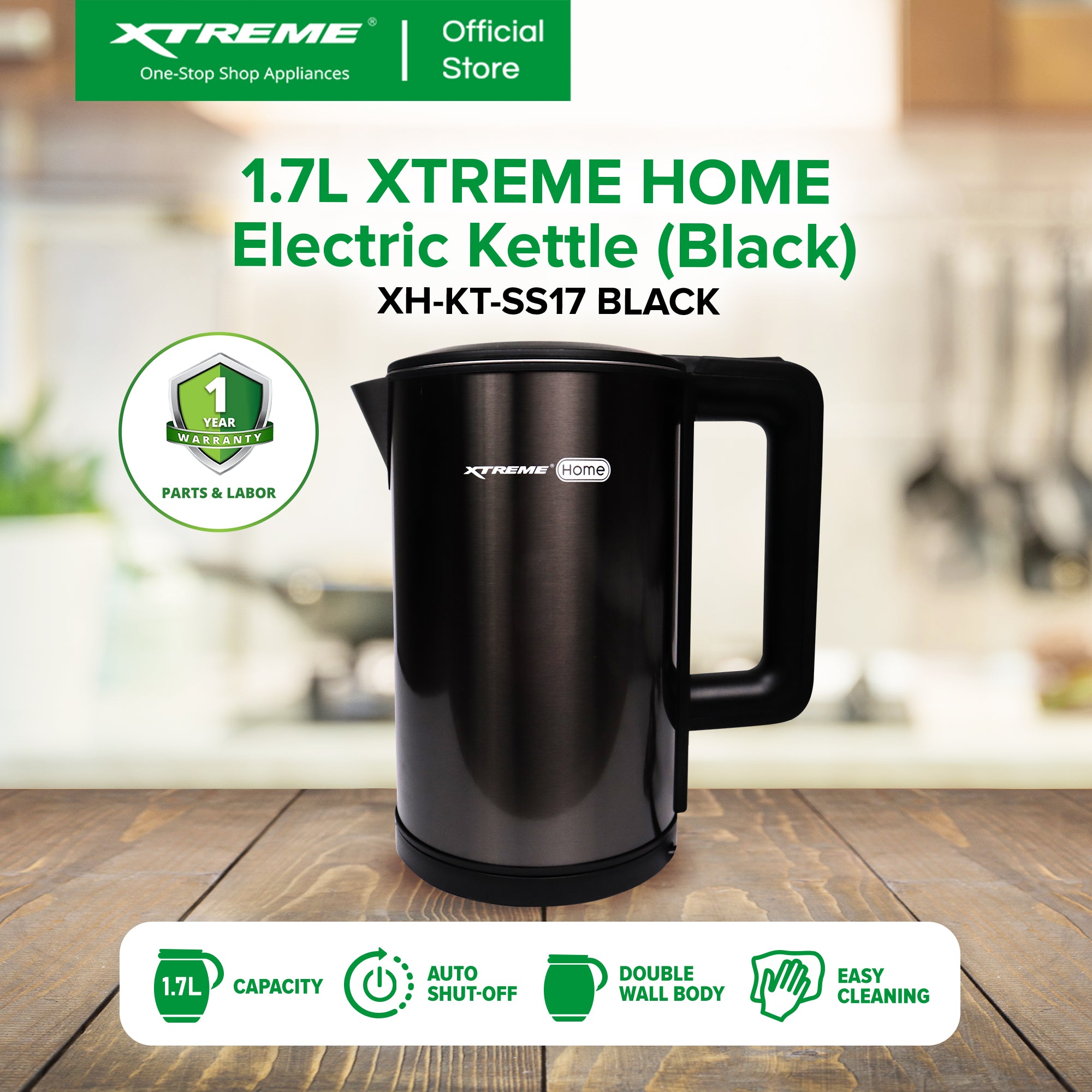 1.7L XTREME HOME Stainless Steel Electric Kettle (Black) | XH-KT-SS17BLACK