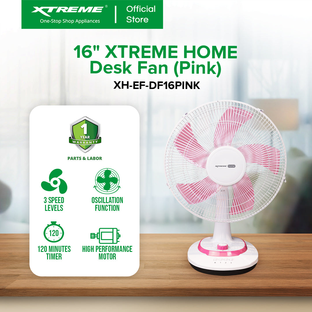 XTREME HOME 16 inches Desk Fan 3-Speed with Timer (Pink Blade) | XH-EF-DF16PINK