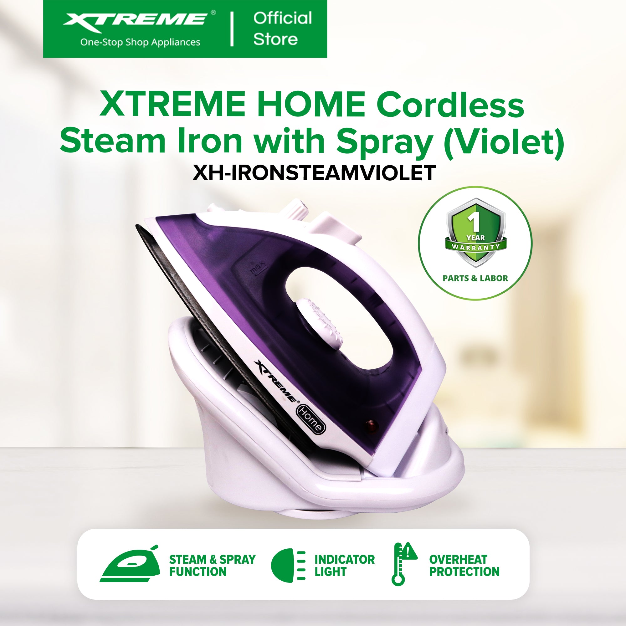 XTREME HOME Cordless Steam Iron with Spray Ceramic Soleplate & Indicator Light (Violet) | XH-IRONSTEAMVIOLET