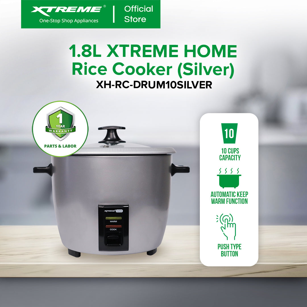 XTREME HOME 1.8L Rice Cooker 10 Cups with Automatic Keep Warm Function (Silver) | XH-RC-DRUM10SILVER