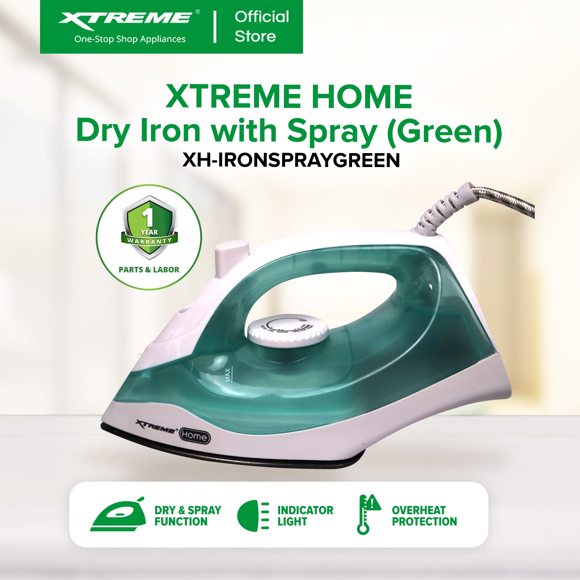 XTREME HOME Dry Iron with Spray (Green) | XH-IRONSPRAYGREEN
