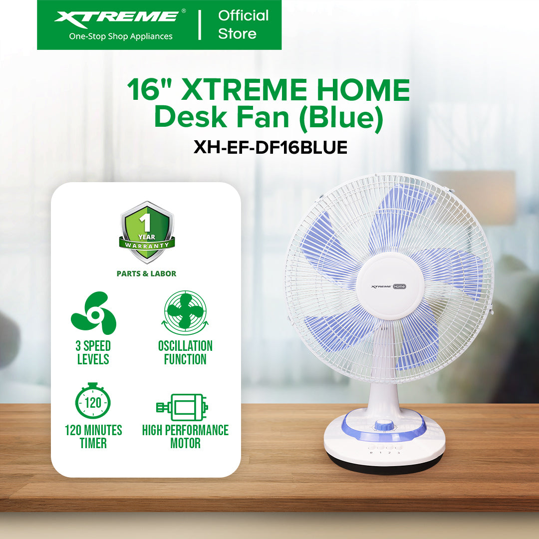 XTREME HOME 16 inches Desk Fan 3-Speed with Timer (Blue Blade) | XH-EF-DF16BLUE