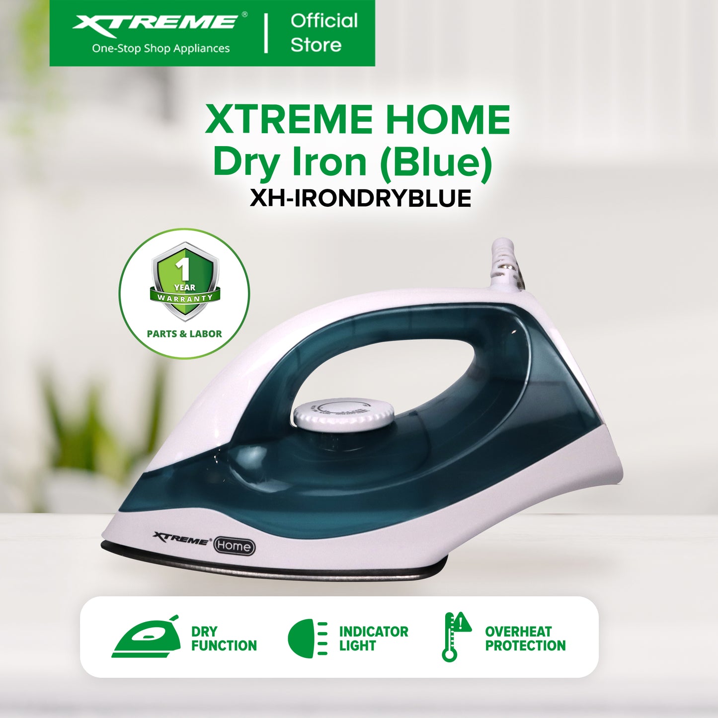 XTREME HOME Dry Iron w/ Soleplate Overheat Protection & Indicator Light (Blue) | XH-IRONDRYBLUE