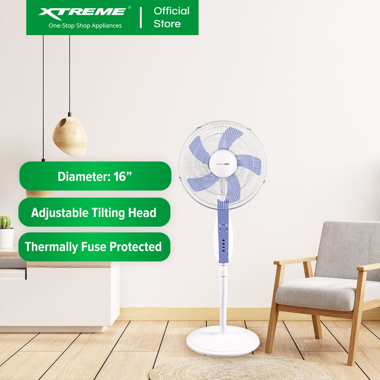 XTREME HOME 16 inches Stand Fan 3-Speed with Timer (Blue Blade) | XH-EF-SF16BLUE