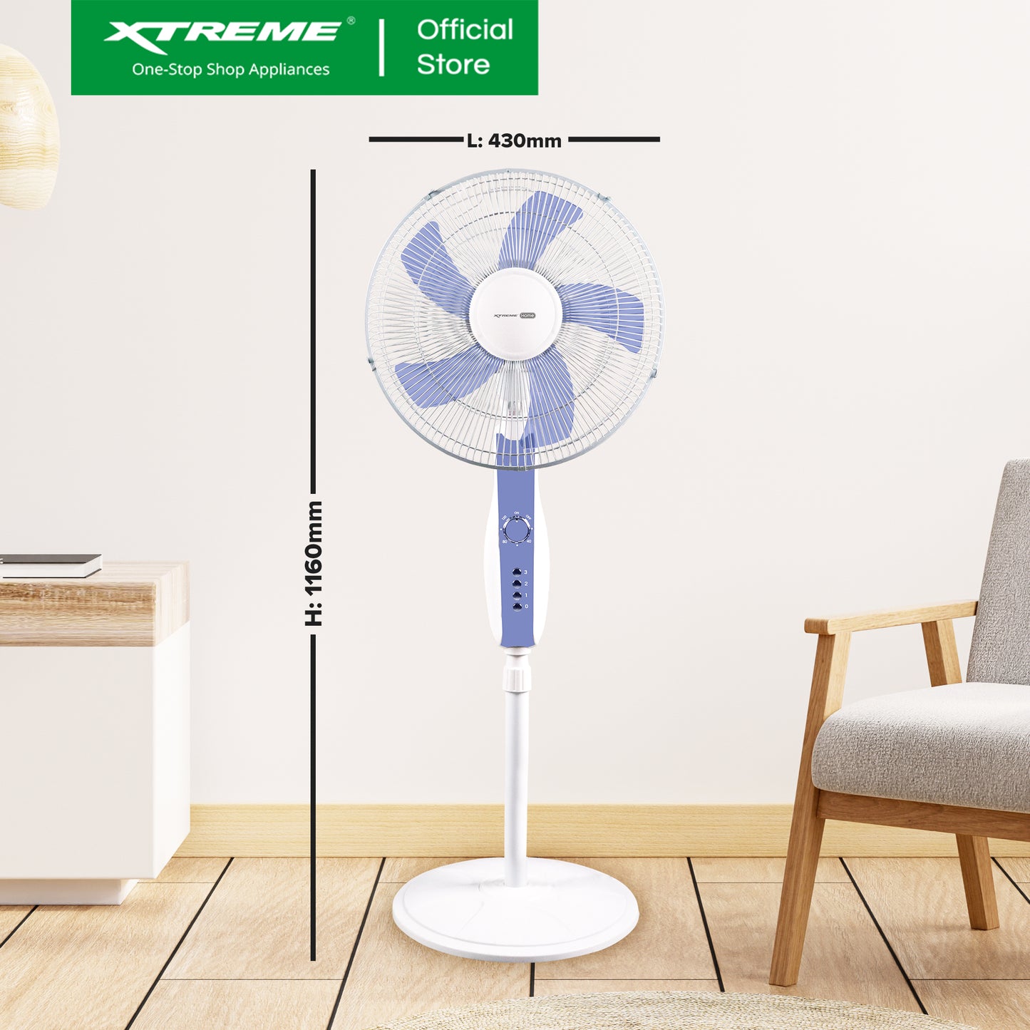 XTREME HOME 16 inches Stand Fan 3-Speed with Timer (Blue Blade) | XH-EF-SF16BLUE