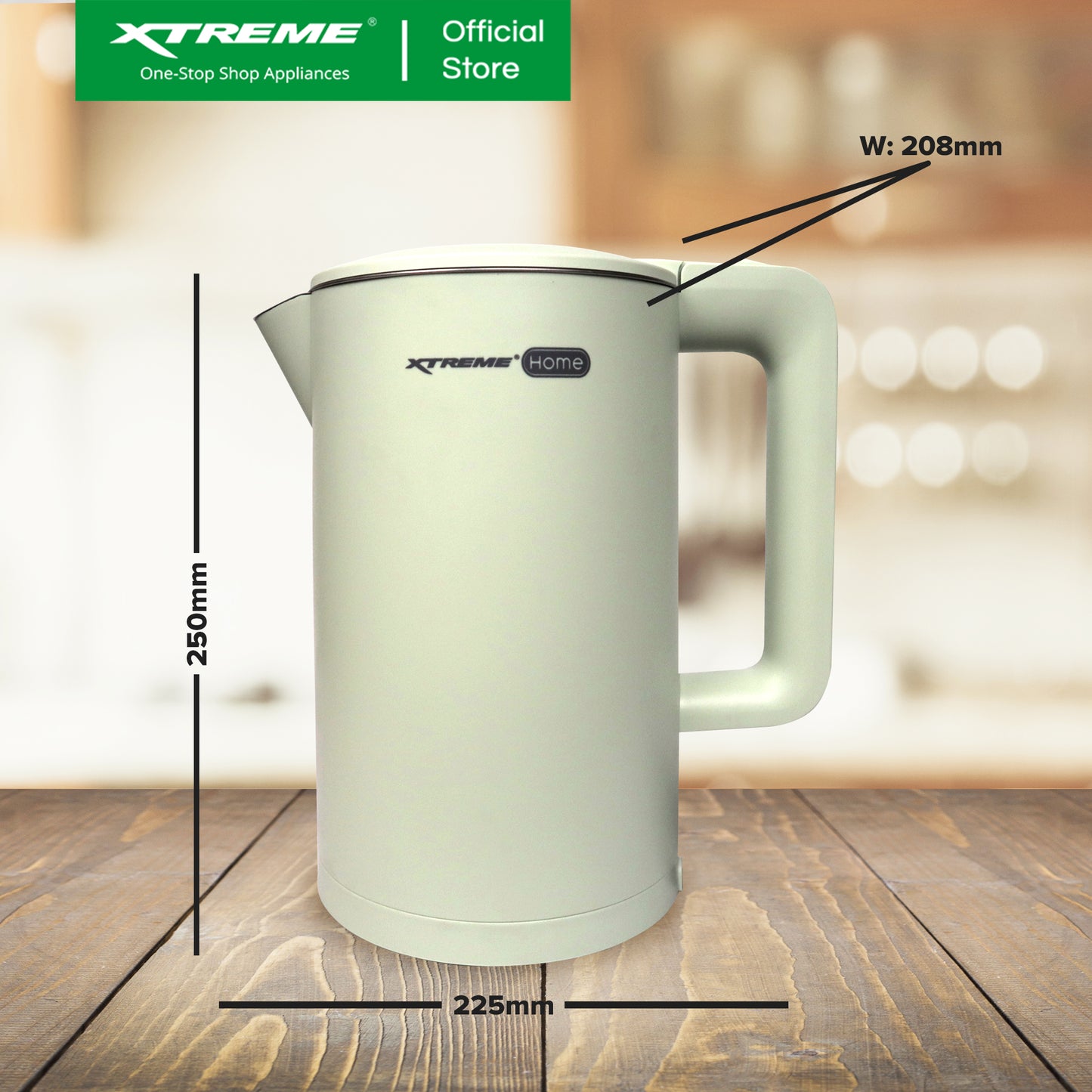 XTREME HOME 1.7L Electric Kettle Seamless Inner Pot w/ Water Indicator (Green) | XH-KT-DWCLH17GREEN